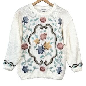 VTG 90s Mervyns Country Sweater Chunky Wool Floral Soft Girl‎ Cottage Core Sz L